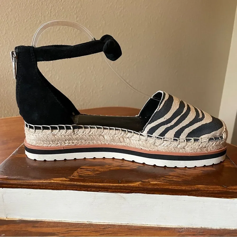 Vince Camuto Binadee Zebra Platform Espadrille Sandal Shoes Black Zip Ankle 7.5